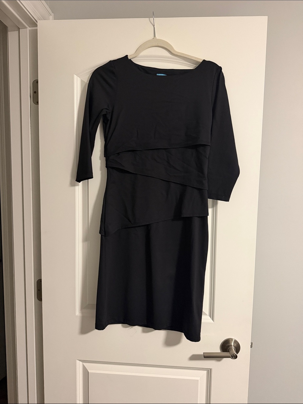 J. McLaughlin Black Layered Midi Dress with Three-Quarter Sleeves